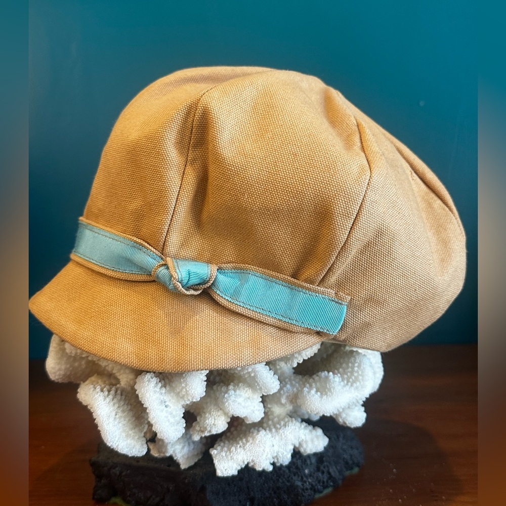 NWOT - Handmade Silk? Cap in Camel with Blue Grosgrain Ribbon Knot / Bow Detail